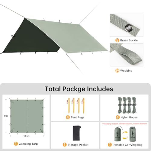 FREE SOLDIER Waterproof Camping Tarp Shelter Awning | Lightweight, Compact, Quick Setup, Waterproof Sun Shelter Campingtarp,For Backpacking, Beach, Travel and Outdoor Activities - color: Bean Green 10×10.5ft