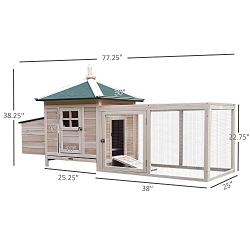 PawHut 77" Wooden Chicken Coop with Nesting Box, Cute Outdoor Hen House with Removable Tray, Ramp Run, for Garden Backyard, Natural | Cute Design, Removable Tray, Ramp Run, for Garden Backyard - color: Natural