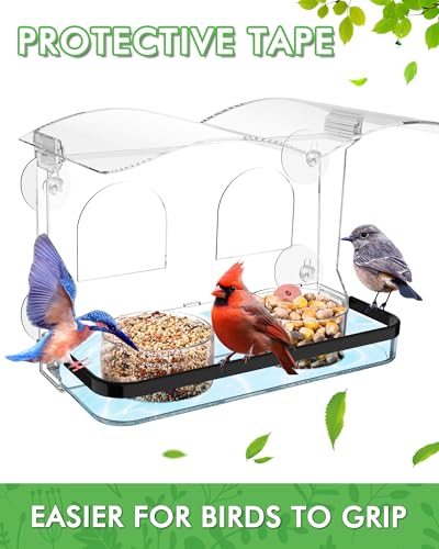 Window Bird Feeder with Strong Suction Cups, Clear Acrylic Design for Close-Up Bird Watching, Durable, Weatherproof, Easy to Install, Large Seed Tray, Drain Holes to Keep Food Dry, For Outdoor