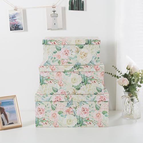 Soul & Lane - Blooming Rose Decorative Storage Boxes with Lids, Set of 3 | Large Nesting Cardboard Keepsake Boxes for Photos and Memories, Floral Photo Storage Containers for Home Decor - color: Blooming Rose