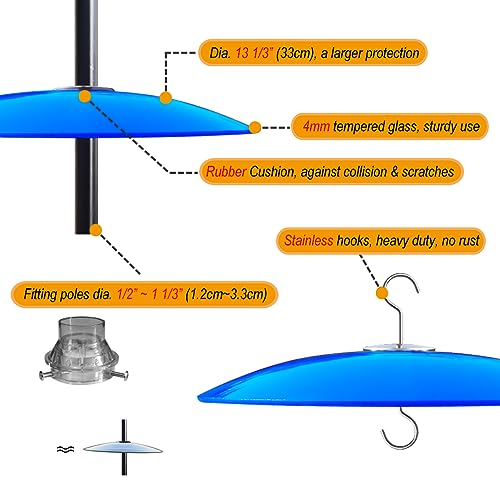 13" Large Glass Rain Cover for Bird Feeder, 2-Pack Blue Weather Guard Dome | Stainless Hooks Squirrel Baffle, Dual Use Protective Shield on Shepherd Pole or Hook Hanging, Bird House Protector, Dia. 33cm - color: Blue, size: 2PC/Pack