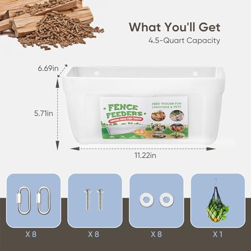4 Pack Goat Feeders Hanging, 4.5 Quart White Chicken Feeder, Rabbit Feeders | Feed Buckets for Horses with Clips Hanging Fence Feeders, Duck Feeder, Chicken Water Feeder, Poultry Feeding Trough - color: white