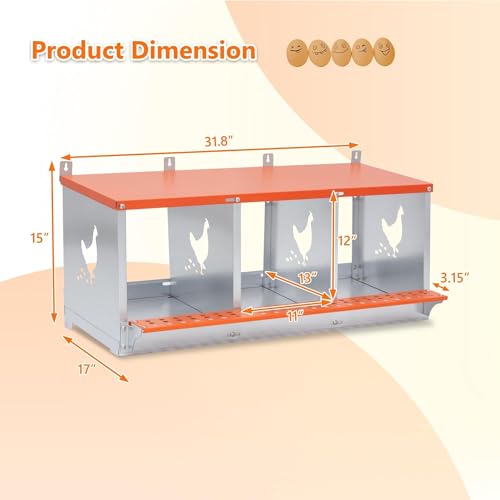 3 Bay Metal Nesting Box, Orange Wall Mount Chicken Nest for Hens & Ducks, Heavy Duty Galvanized Steel with Hen-Shaped Vents & Coconut Fiber Pad, Easy Tool-Free Assembly (Orange/Silver) - size: 31.8"L x 17.0"W x 15.0"H