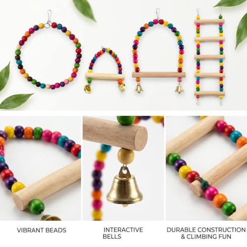 4 Piece Bird Ladder, Budgie Toys for Small to Medium Birds, Parakeet Cage Accessories Set, Natural Wood Bird Climbing Toys for Cage Environment Enrichment and Physical Activity