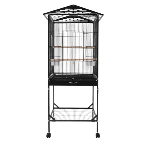 Bird Cage, 18.11 x 18.11 x 49.21 Inch Mobile Bird Flight Cage Large Metal Parakeet Cage w/Slide-Out Tray & Storage Shelf for Budgerigars Lovebirds Kea Parrots & Sun Conures - color: Black, size: 18.1"L x 18.1"W x 49.2"H