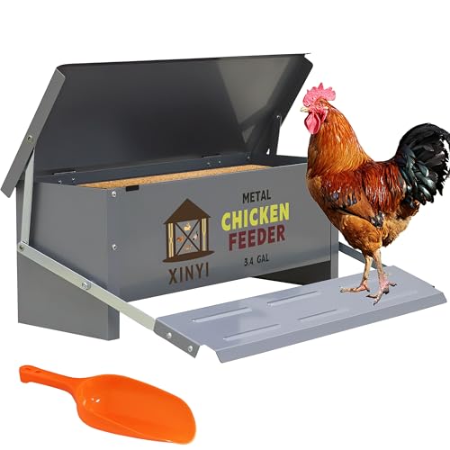 XINYI Chicken Treadle Feeder,25 Lbs Metal Treadle Feeder, No Waste & Rodent Proof Chicken Feeder with Weatherproof Lid, Suitable for Bantams, Poultry, Pheasants - 3.4Gallon Capacity - size: 3.4Gal