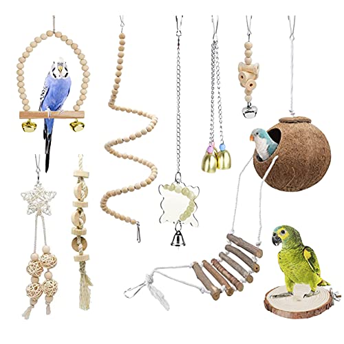 9-Piece Parakeet Toys & Budgie Toys, Bird Cage Accessories Set | Natural wood bird toys include coconut hideaway, swing, ladder, perch, mirror and hanging toys for budgies & cockatiels