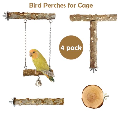 4-Piece Bird Perch Set for Cage, Natural Wood Bird Cage Accessories, Hammock Swing, Parrot Climbing Standing Branches, Durable Cockatiels,Conure,Lovebird, Budgie Toys