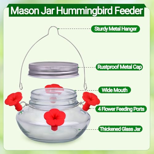 Hummingbird Feeders for Outdoors Hanging, Mason Jar Humming Bird Feeder | Glass Hummingbird Feeder for Outside with 4 Silicone Flower Feeding Ports, Top Fill Leak Proof Easy to Clean and Refill