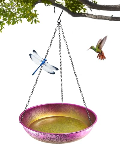 Hanging Bird Bath for Outside Iridescent Metal Feeder Tray with Hand-Painted Pink and Green Gradient 11" Decorative Birdbath for Wild Birds to Bathe & Drink Garden Decor for Patio & Yard - color: Pink Green Gradient