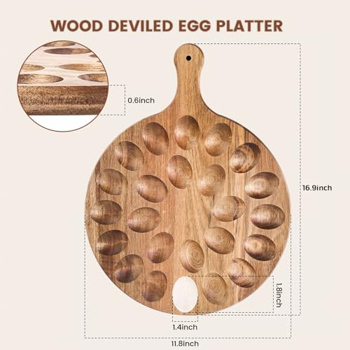 HANSGO Deviled Egg Platter, Wooden Round Charcuterie Board with 24 Holes | Egg Holder for Kitchen Countertops, Flat Surface Ideal for Use as Charcuterie or Pizza Board and Storage of Deviled Eggs