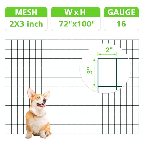 Green PVC Coated Welded Wire Fencing,2"x3" 16 Gauge,72inch H x 100ft L Garden Wire Fence Roll,2/3/4/5/6ft Tall x 50/100 ft Long Hardware Cloth Metal Mesh for Yard,Farm,Chicken,Dog,Vegetable Protection - color: Green, size: 2"x3" 72inx100ft