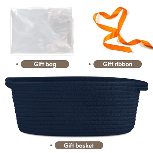 Pro Goleem Small Woven Basket with Gift Bags and Ribbons Durable Baskets for Gifts Empty Small Rope Basket for Storage 12"X 8" X 5" Baby Toy Baskets with Handles, Navy Blue - color: navy blue