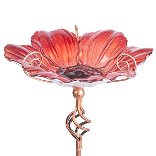 Glass Birdbath Birdfeeder with Metal Stake Garden Yard Outdoor Red | 31inch height stain glass bird bath for outside,red flower bird bath bowl,attract wild birds and beautify outdoor gardens - color: Red