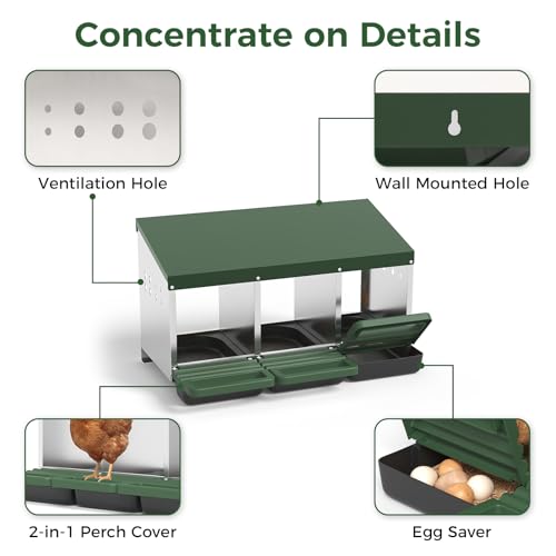 Garvee 3-Hole Chicken Nesting Box with Removable Lid, Metal Chicken Coop with Roll Away Design/Easy Egg Collection/Ventilation Holes, for Chicken Coops, Duck Coops and Hens (Green) - color: GREEN, size: 3-Hole