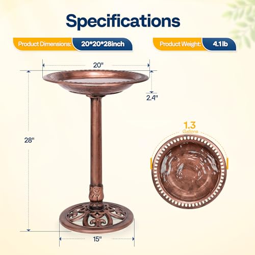 VIVOHOME Bird Bath for Outside, Polyresin, Pedestal, Antique Bronze | Weather-Resistant, 20-Inch Bowl, 28-Inch Height, for Outdoor/Garden, Bird-Friendly, Easy to Clean - color: Antique Bronze