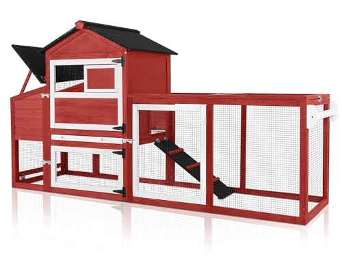Mobile Chicken Coop with Wheels for 4-6 Chickens, Large Outdoor Hen House with Run, Weatherproof Asphalt Roof, Sectionable Nesting Box & Pull-Out Tray, 82.4" L x 25.8" W x 44.1" H - Red - size: 82.4"L x 25.8"W x 44.1"H