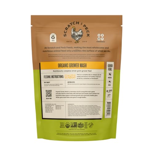 Scratch and Peck Feeds | Grower Mash for Chickens & Ducks | 10 lb Pouch | 17% Protein, Corn & Soy Free, Fermentable Whole Grains, Certified Organic & Non-GMO Project Verified, Complete Nutrition - size: 10 Pound (Pack of 1), style: Grower Feed