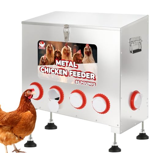 Chicken Feeder 85LB,6-Port Metal Poultry Feeder for Chickens, Poultry Coop | No Waste with Locking Lid&Riveted Handles,Adjustable Height,Large Capacity Rainproof Automatic Chicken Feeders - size: 85lbs