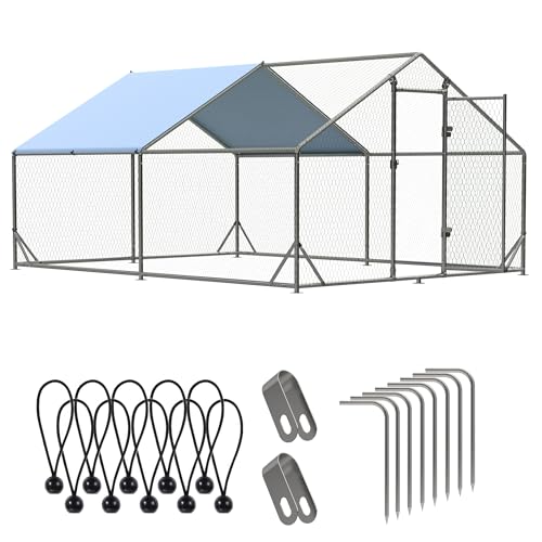 Outdoor Metal Chicken Coop Large Walk-in Poultry Cage Spire-Shaped Chicken Run with Waterproof and Anti-Ultraviolet Cover for Outside,Backyard and Farm,13' L x 9.8' W x 6.4' H - color: Spire-Shaped Roof, size: 156.0"L x 117.6"W x 76.8"H