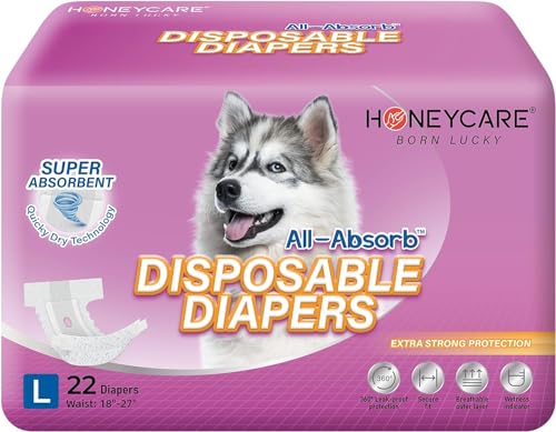 Honey Care All-Absorb Disposable Female Dog Diapers L Size, Improved Bigger Size, 22 Count, Super Absorbent, Breathable, Wetness Indicator, Packaging May Vary - size: Large (Pack of 1)