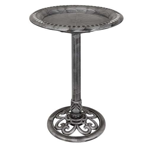 Alpine Corporation TEC116GR Outdoor Pedestal Birdbath w/Scrollwork Base and Stakes, Elegant Birdbath for Garden, 28" H, Gray - color: Gray