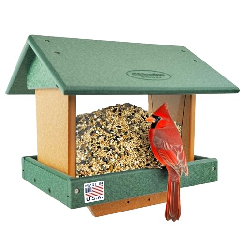 DutchCrafters Poly Large Hopper Bird Feeder Post Mount for 4" x 4", Wild Songbird Bird Seed Feeder for Outdoor, Outside, Garden, Yard - Amish Made in USA (Post Mount, Turf Green & Cedar) - color: Turf Green & Cedar, style: Post Mount