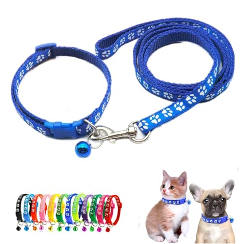 Puppy Dog Collar Leash Set,Cat Kitten Collars with Bell, Dark Blue XXS,XS | Paw Print Reflective Dog Collar Leash Set with Bell, Basic Nylon Boy Girls Pet Collar Adjustable For XXS XS S Tiny Puppies - color: dark blue
