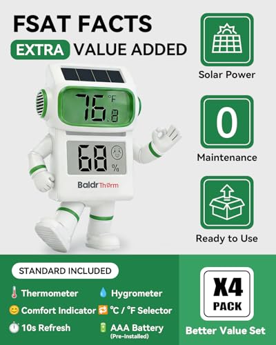 BALDR 4-Pack Digital Hygrometer Thermometer, Solar Power with Battery Backup Temperature and Humidity Monitor, Mini Room Thermometer with Comfort Indicator (White) - color: White 4 Pack