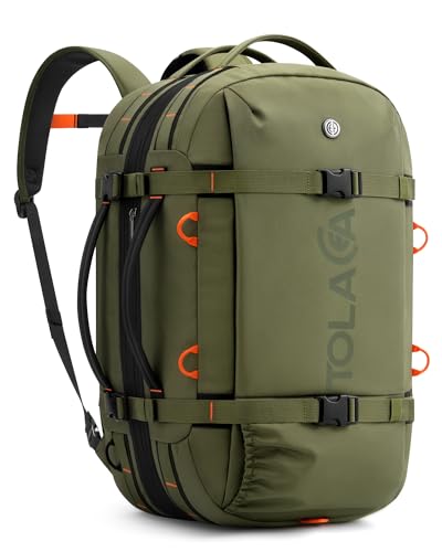 Tolaccea Travel Backpack 40-50L, 16" Laptop Carry On Duffle for Travel Work | 40-50L Expandable, TSA Approved 180° Open, 3L Wet-Dry Pocket, RPET Fabric, 3-in-1 Convertible Carrying, Detachable Waist Belt - color: Army Green