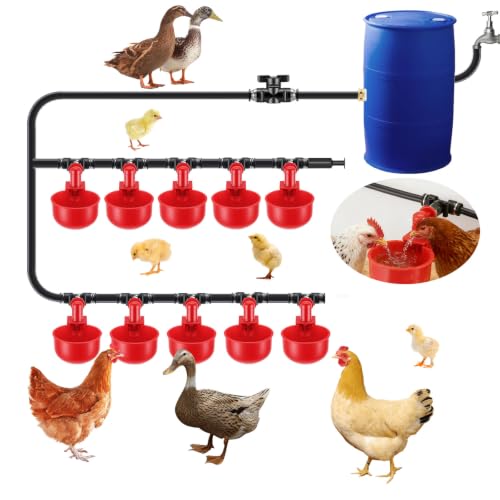 Complete Automatic Chicken Watering System with Quick-Connect Large Cups, 32.8ft Pipeline & Float Valve – 10 Red Cups, Removable & Washable