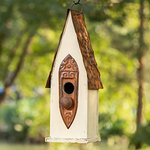 Glitzhome 13.25" Hanging Birdhouse for Outside, Washed White Distressed Solid Wood - Spring Ready Nesting Box & Christmas Garden Gift Idea