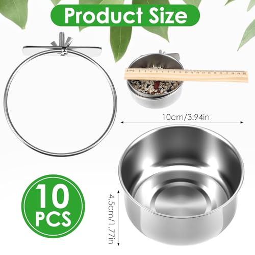 10 Pack Stainless Steel Bird Food Bowls with Clamp Holder, Parrot Feeding Dish Cups for Cage, Rustproof Bird Water Feeders for Cockatiel Conure Budgie Parakeet Macaw Lovebird Small Animals
