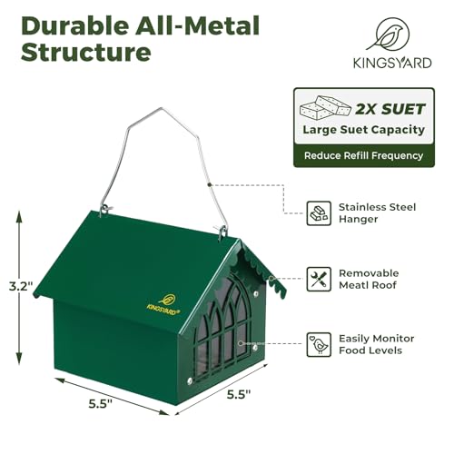 Kingsyard Metal Upside Down Double Suet Bird Feeder | Weatherproof Roof, Great for Downy Woodpecker Nuthatch Chickadee Backyard Birds, Green