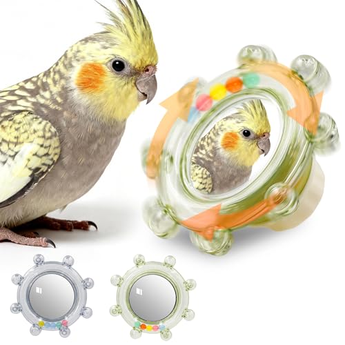 2Pcs Innovative Bird Toy with Mirror, Spinner Toy with Rustling Beads | Safely Embedded No Sharp Edges Parakeet HD Mirror for Cage, Flexibly Mounted Rotating Budgie Enrichment Fits Any Cage - style: 2pcs with mirror
