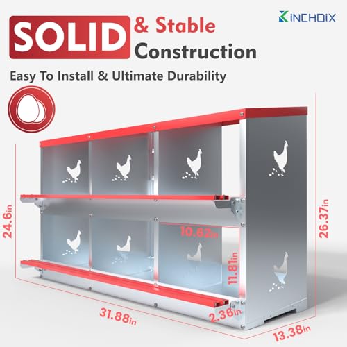 Chicken Nesting Boxes - 6 Compartment Metal Poultry Nest Box Wall Mount for Chickens, Hens, Ducks - Easy Egg Collection - Large Vented Holes Chicken Coop Equipment (6 Compartment)