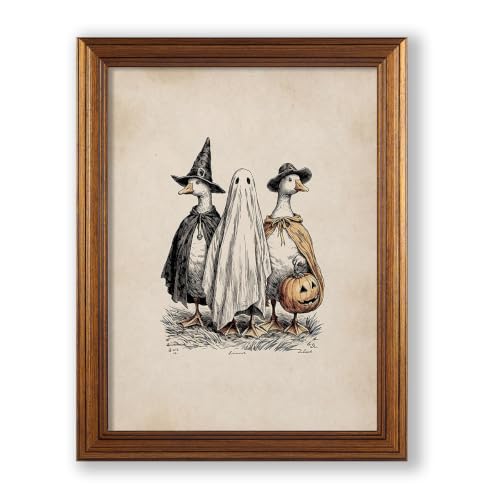 Funny Animal Goose Witchy and Ghost Wall Art Gold Framed 08x10 inch Vintage Halloween Spooky Poster Aesthetic Gothic Canvas Prints For Farmhouse Nursery Wall Decor - color: Beige, size: 10"L x 8"W, style: Gold Framed