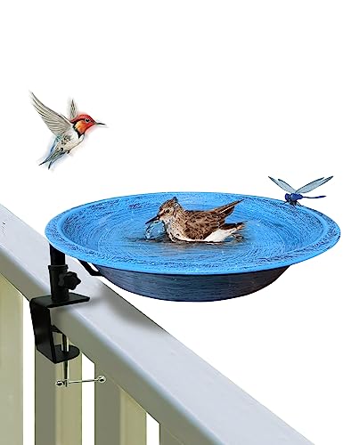 Bird Bath Outdoor Metal Birdbath Deck Mounted, Bird Baths with Adjustable Sturdy Metal Clamp for Deck Railing Balcony Yard Garden Decoration | 2-in-1 Birdbath & Feeder, Adjustable Sturdy Clamp, No-Tool Setup, Weather Rust Resistant, Balcony Deck, Gift for