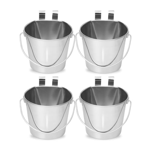 2 Quart Stainless Steel Flat Sided Bucket with Dual Hooks | 4 Pcs Durable Food & Water Bowl for Dog Cats Bird & Small Animals | Fits kennel Cage Crates Hanging Pet Pail | Multipurpose use - size: 2 Quart (Pack of 4)