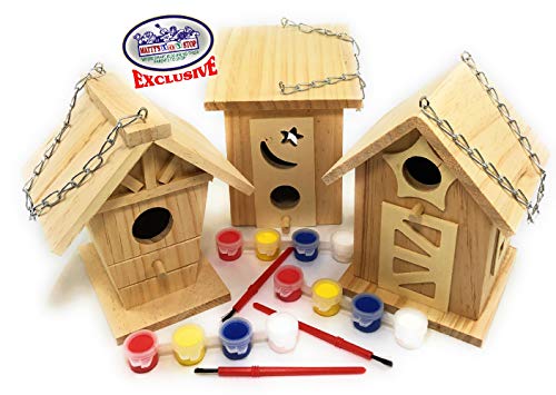 Matty's Toy Stop Paint Your Own Small Wooden Birdhouses (Includes Paints & Brushes) Gift Set Bundle - 3 Pack