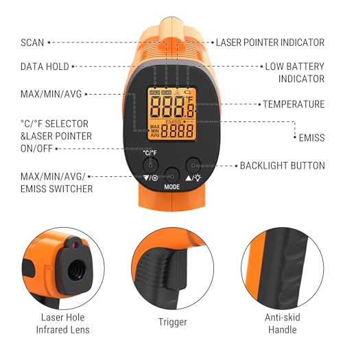 TempPro TempScan Infrared Thermometer Gun for Pizza Oven Griddle HVAC | Temperature Gun with Adjustable Emissivity, Infrared Thermometer for Cooking, Temp Gun with -58~1022°F (Previously ThermoPro) - style: 1 Laser & D:S 12:1