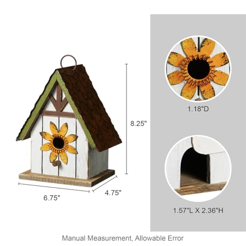 Glitzhome Bird Houses for Outside, Blue Bird Houses for Outdoors, 8.25" H Solid Wood Decorative Hanging Bird House Distressed Cottage Outdoor Garden Birdhouse with 3D Metal Roof and Flower - color: 8.25"H Flower