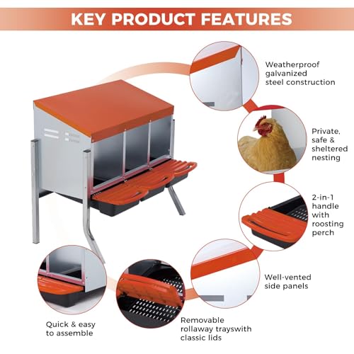 3 Holes Chicken Nesting Boxes for Laying Eggs, Wall-Mounted & Floorstanding Nesting Boxes for Chickens Ducks Geese, for Farm Backyard Chicken Coops, with Metal Leg, Orange - color: Orange, size: 3 Holes with metal legs