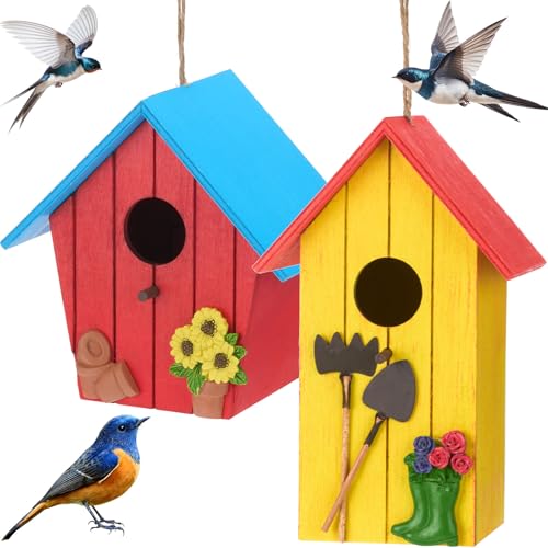 DoubleFill 2 Pcs Birdhouses for Outdoor Hanging Yard Outside Wooden Birdhouse Hand Painted Bird Box for Bird Lovers Bluebird Tree Garden Decor Decorative Birdhouse(Red,Yellow,Wooden Roof) - color: Red,Yellow, size: Wooden Roof