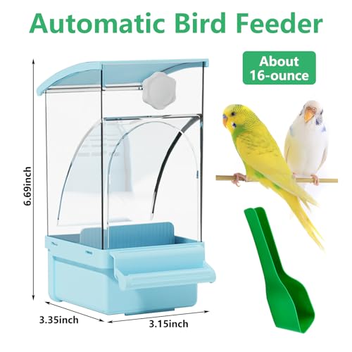 Hamiledyi Automatic Bird Feeder No Mess Bird Cage Feeder Transparent Acrylic Parrot Seed Food Container with Perch Cage Accessories for Parakeet Finch Lovebirds Budgies Canary (Blue) - color: Blue Transparent