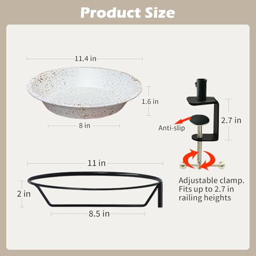 Deck Mounted Birdbath 11.4 inch Bird Feeder for Deck Railing with Adjustable Sturdy Metal Clamp Balcony Railing Birdbaths for Garden Decor in White Color - color: White
