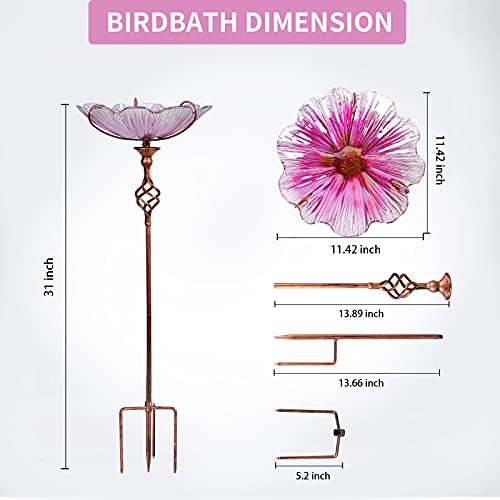 Glass Birdbath Birdfeeder with Metal Stake Garden Yard Outdoor Pink | 31inch height stain glass pink flower bird bath for outside, bird bath bowl,attract wild birds and beautify outdoor gardens - color: Pink