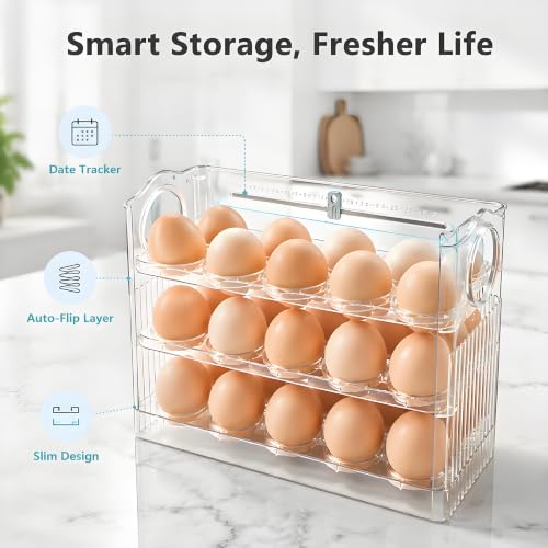 Egg Holder for Fridge, Holds 30 Eggs, Clear | 3-Tier Stackable, Egg Organizer for Refrigerator, Date Tracker & One-Hand Access, BPA-Free PET
