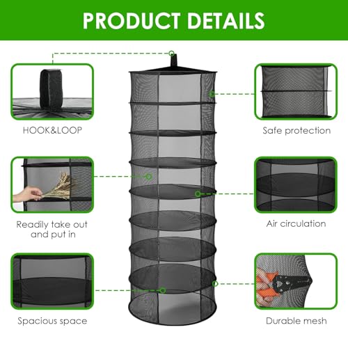 iPower Herb Drying Rack 8-Layer 2ft Mesh Hanging Net Dryer Collapsible with Opendoor, Pothook and Storage Bag, for Hydroponics Flowers, Buds, Fruits, Seafoods, Clothes, 2 Packs - size: 8-Layer Open