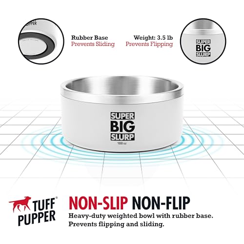 Tuff Pupper Heavy Duty Insulated Dog Bowl | Double Wall Stainless Steel Dog Food Dish | Non-Slip Spill Proof Dishwasher Safe Cat Bowl | Water Dish for Feeding Large Medium Small Pets (188oz, White) - color: Snow White, size: 188oz